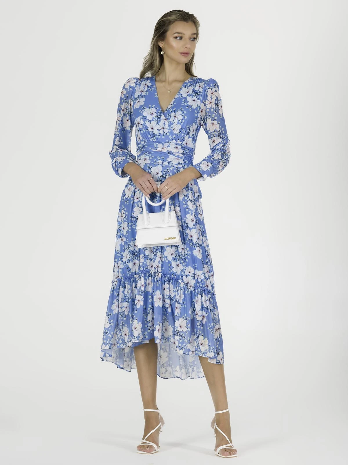 Lilianna Mesh Long Sleeve Tiered Hem Dress, Blue Floral 7 Lilianna Mesh Long Sleeve Tiered Hem Dress, Blue Floral - Image 7