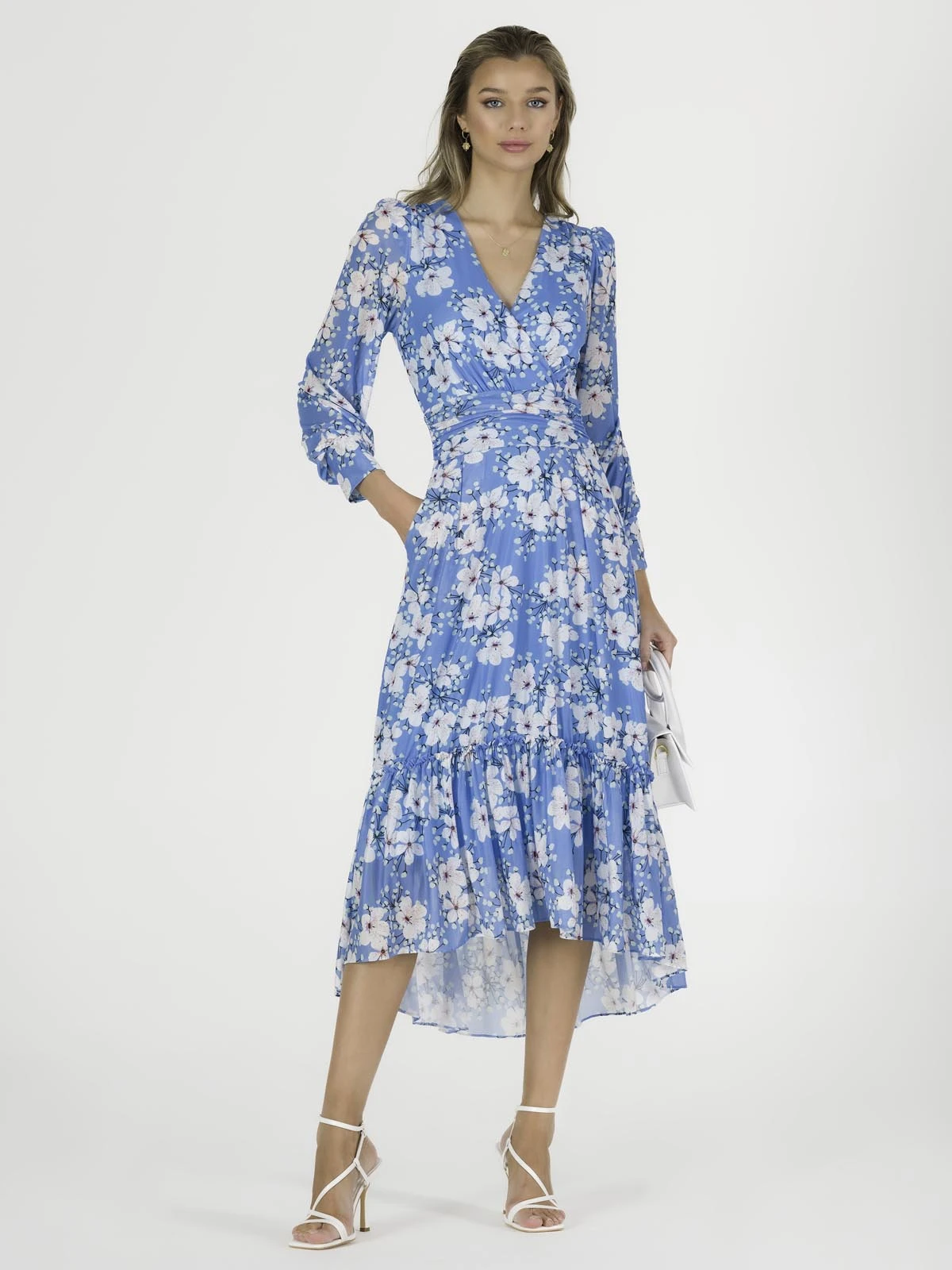 Lilianna Mesh Long Sleeve Tiered Hem Dress, Blue Floral 5 Lilianna Mesh Long Sleeve Tiered Hem Dress, Blue Floral - Image 5