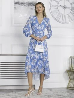 Lilianna Mesh Long Sleeve Tiered Hem Dress, Blue Floral 10 Lilianna Mesh Long Sleeve Tiered Hem Dress, Blue Floral -DORIA Clothing Shop L36 1212 BlueFloral 5