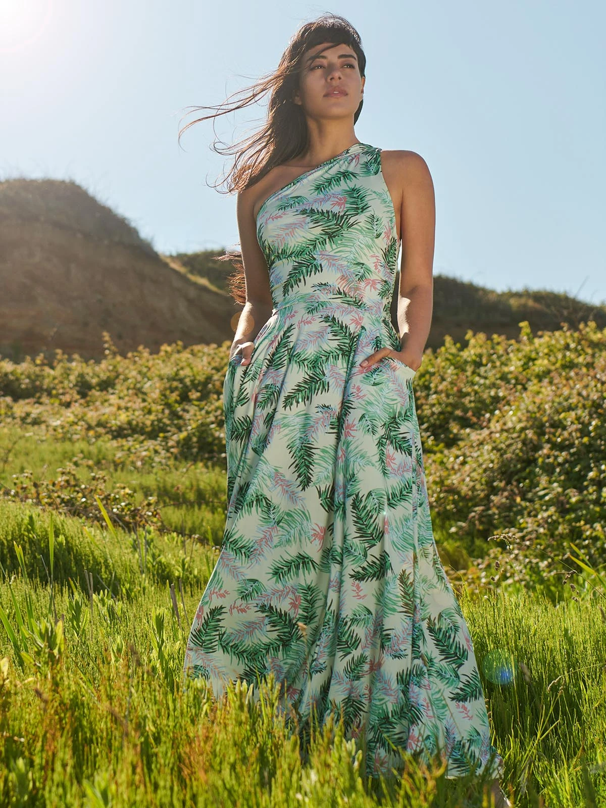 Leaf Print One Shoulder Maxi Dress, Green Multi 1 Leaf Print One Shoulder Maxi Dress, Green Multi