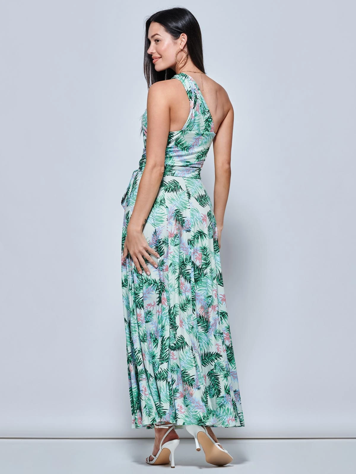 Leaf Print One Shoulder Maxi Dress, Green Multi 2 Leaf Print One Shoulder Maxi Dress, Green Multi - Image 2
