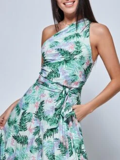 Leaf Print One Shoulder Maxi Dress, Green Multi 8 Leaf Print One Shoulder Maxi Dress, Green Multi -DORIA Clothing Shop L3921023 GreenMulti 3