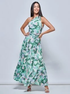 Leaf Print One Shoulder Maxi Dress, Green Multi 11 Leaf Print One Shoulder Maxi Dress, Green Multi -DORIA Clothing Shop L3921023 GreenMulti 4