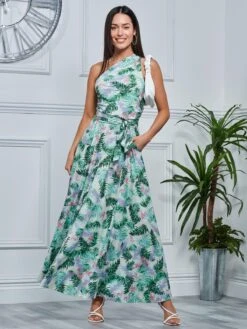 Leaf Print One Shoulder Maxi Dress, Green Multi 10 Leaf Print One Shoulder Maxi Dress, Green Multi -DORIA Clothing Shop L3921023 GreenMulti 5