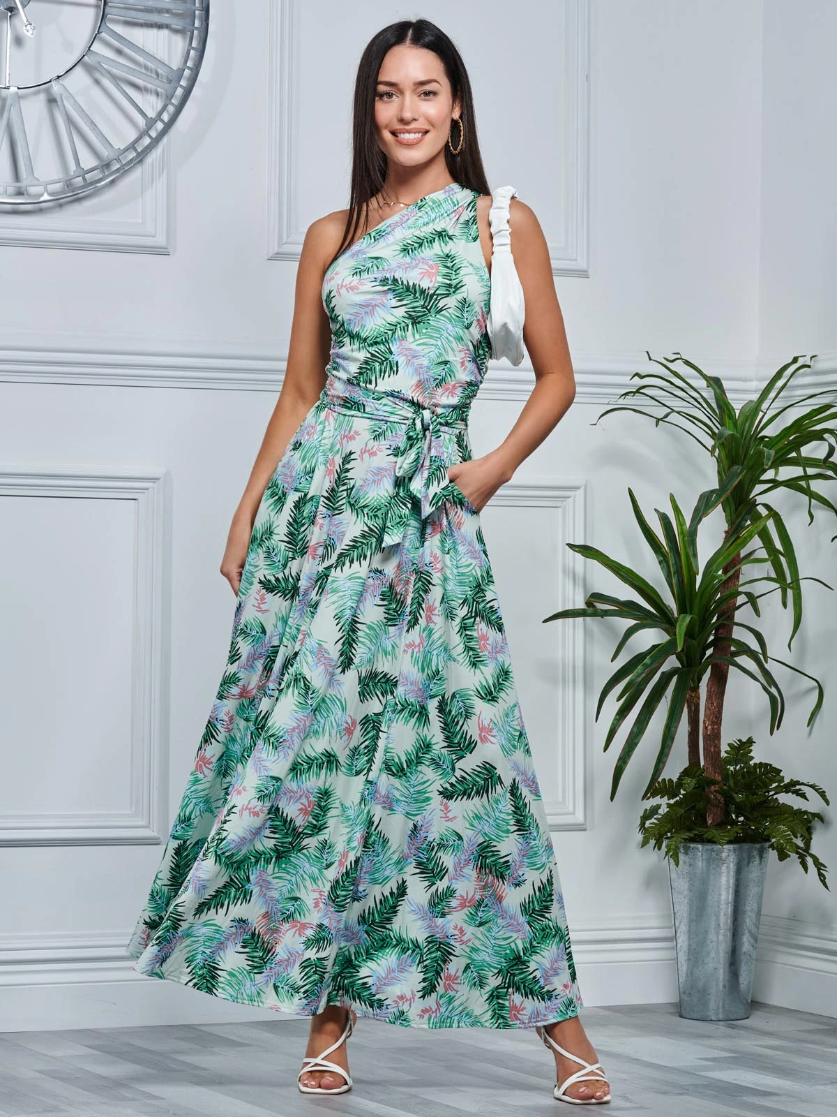 Leaf Print One Shoulder Maxi Dress, Green Multi 5 Leaf Print One Shoulder Maxi Dress, Green Multi - Image 5