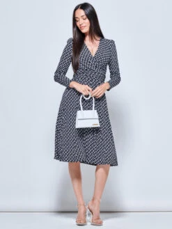 Long Sleeve Jersey Midi Dress, Black Geo -DORIA Clothing Shop L504 108 BlackGeo 5