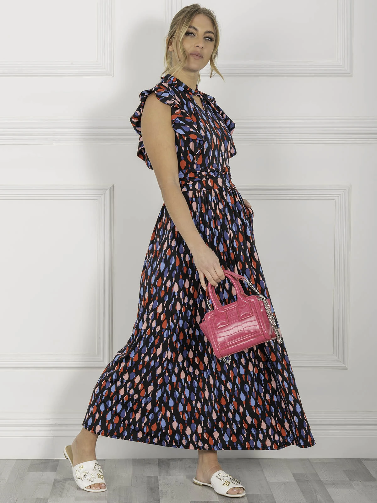 Jolie Moi Doris Frill Shoulder Maxi Dress, Navy Pattern 6 Jolie Moi Doris Frill Shoulder Maxi Dress, Navy Pattern - Image 6