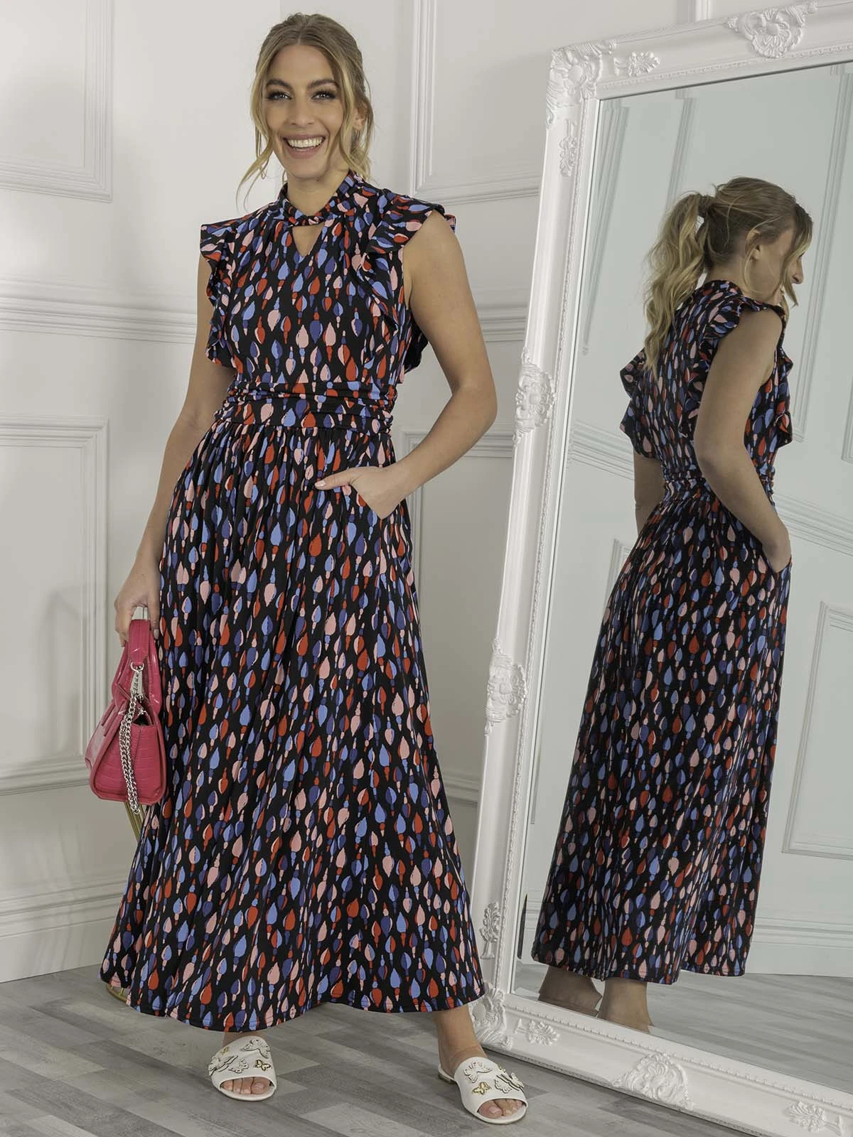 Jolie Moi Doris Frill Shoulder Maxi Dress, Navy Pattern 2 Jolie Moi Doris Frill Shoulder Maxi Dress, Navy Pattern - Image 2