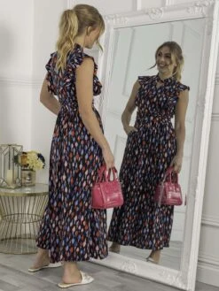 Jolie Moi Doris Frill Shoulder Maxi Dress, Navy Pattern 8 Jolie Moi Doris Frill Shoulder Maxi Dress, Navy Pattern -DORIA Clothing Shop L951 133NavyPattern 6