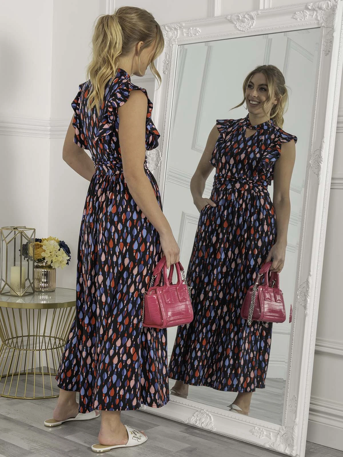 Jolie Moi Doris Frill Shoulder Maxi Dress, Navy Pattern 3 Jolie Moi Doris Frill Shoulder Maxi Dress, Navy Pattern - Image 3