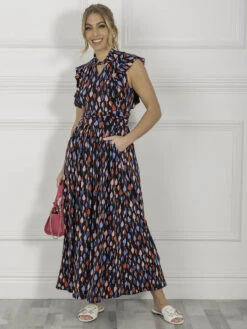 Jolie Moi Doris Frill Shoulder Maxi Dress, Navy Pattern