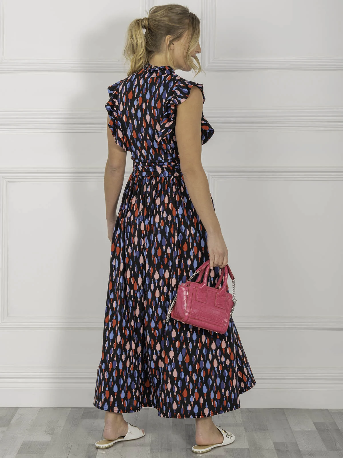 Jolie Moi Doris Frill Shoulder Maxi Dress, Navy Pattern 4 Jolie Moi Doris Frill Shoulder Maxi Dress, Navy Pattern - Image 4