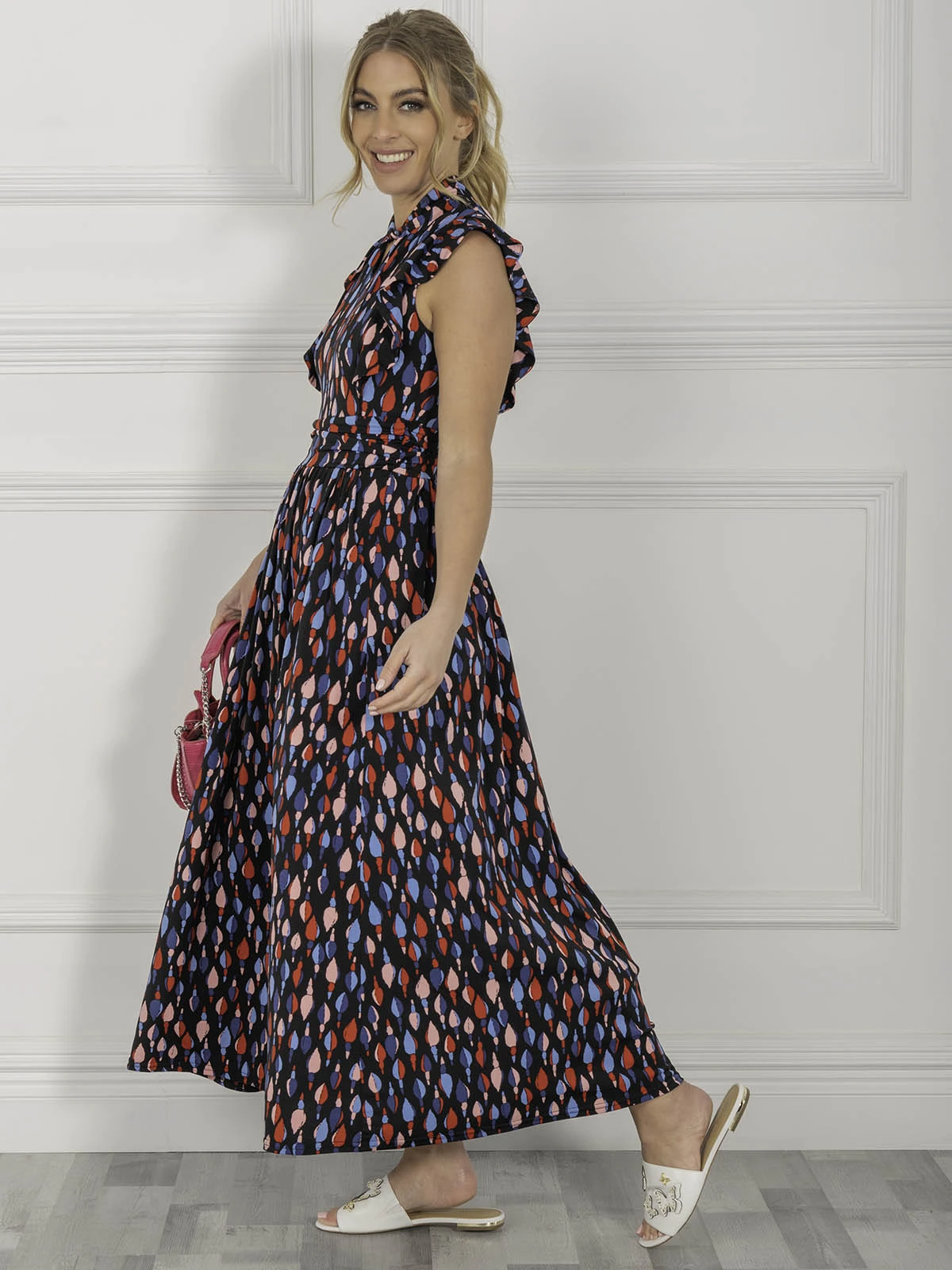 Jolie Moi Doris Frill Shoulder Maxi Dress, Navy Pattern 5 Jolie Moi Doris Frill Shoulder Maxi Dress, Navy Pattern - Image 5