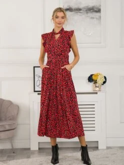 Jolie Moi Doris Frilly Maxi Dress, Red Animal