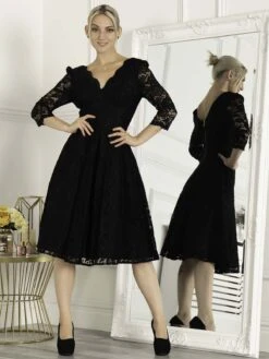 Molly 3/4 Sleeve Lace Swing Dress, Black