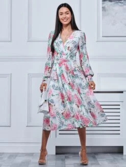 Floral Print Long Sleeve Mesh Midi Dress, White Floral 8 Floral Print Long Sleeve Mesh Midi Dress, White Floral -DORIA Clothing Shop LDP 3621 Whitefloral 1