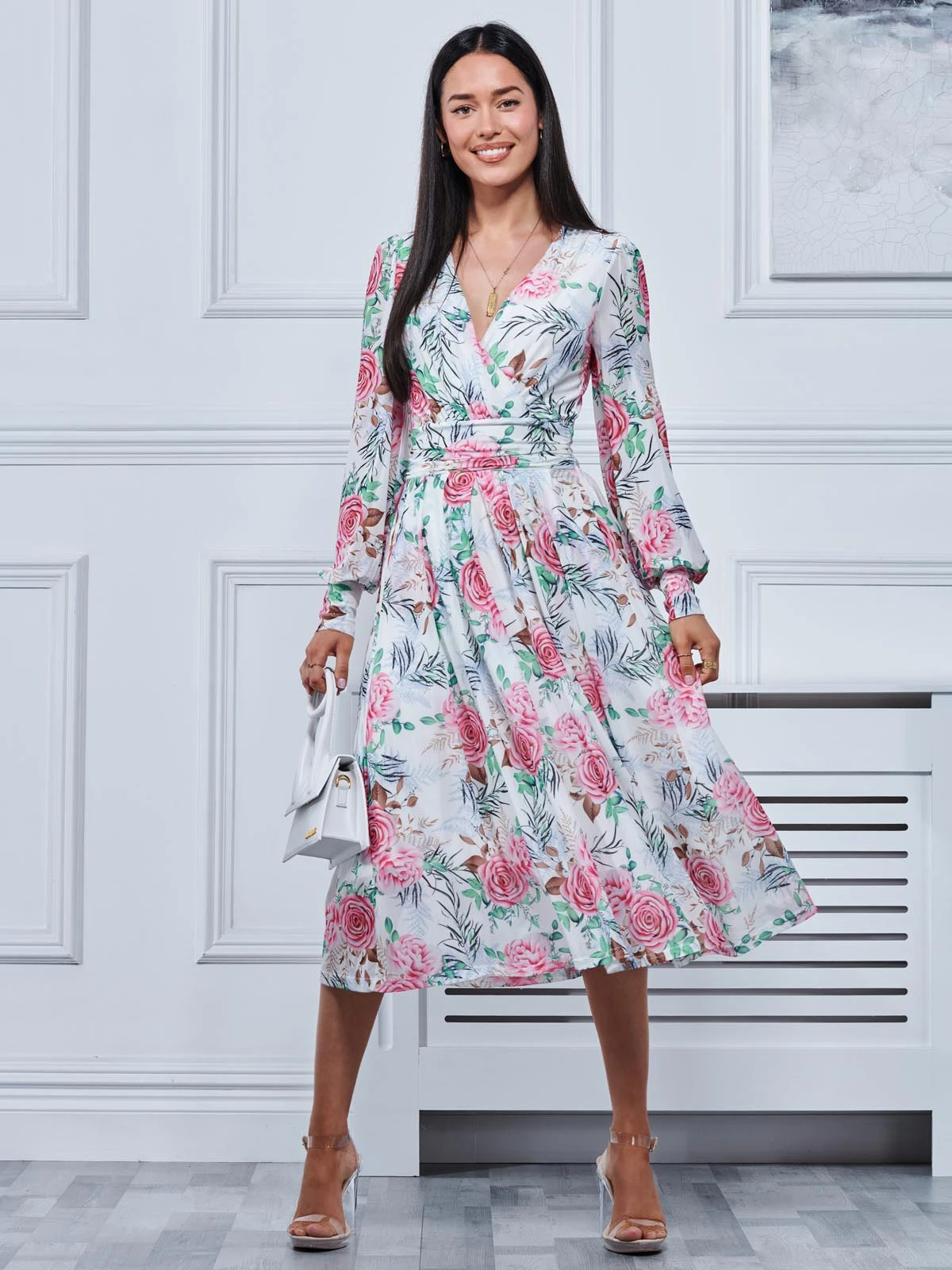 Floral Print Long Sleeve Mesh Midi Dress, White Floral 4 Floral Print Long Sleeve Mesh Midi Dress, White Floral - Image 4