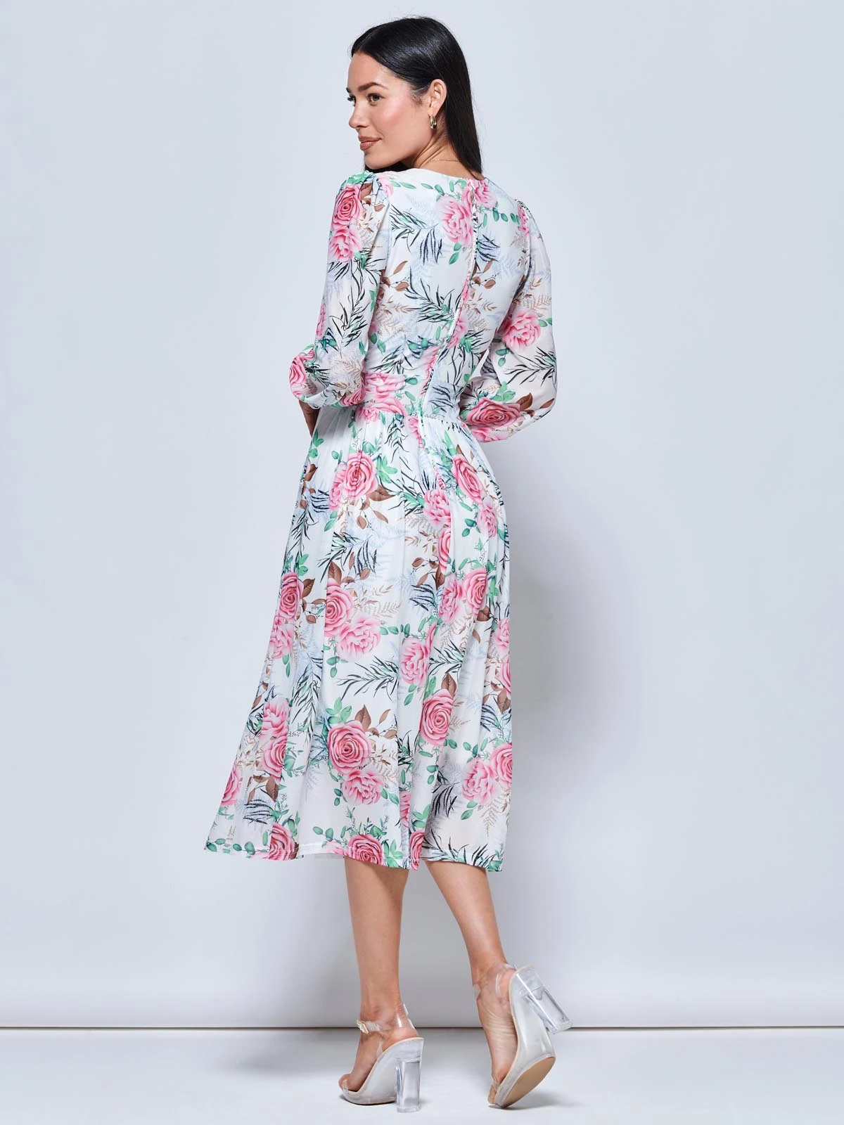 Floral Print Long Sleeve Mesh Midi Dress, White Floral 2 Floral Print Long Sleeve Mesh Midi Dress, White Floral - Image 2