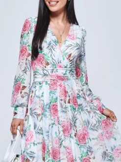 Floral Print Long Sleeve Mesh Midi Dress, White Floral 7 Floral Print Long Sleeve Mesh Midi Dress, White Floral -DORIA Clothing Shop LDP 3621 Whitefloral 3