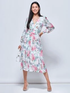 Floral Print Long Sleeve Mesh Midi Dress, White Floral