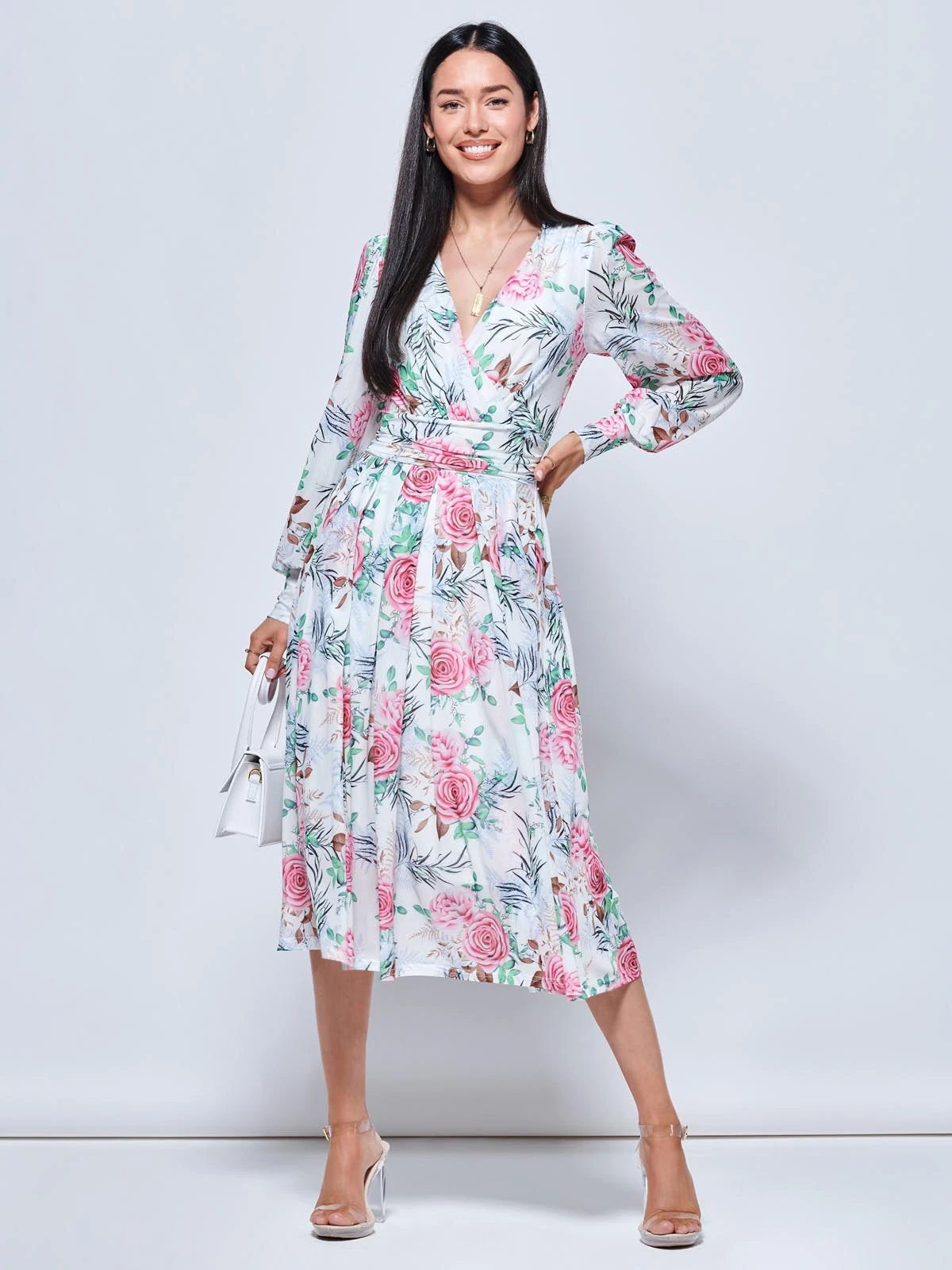 Floral Print Long Sleeve Mesh Midi Dress, White Floral 1 Floral Print Long Sleeve Mesh Midi Dress, White Floral