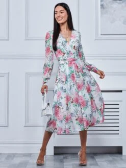 Floral Print Long Sleeve Mesh Midi Dress, White Floral 9 Floral Print Long Sleeve Mesh Midi Dress, White Floral -DORIA Clothing Shop LDP 3621 Whitefloral 5