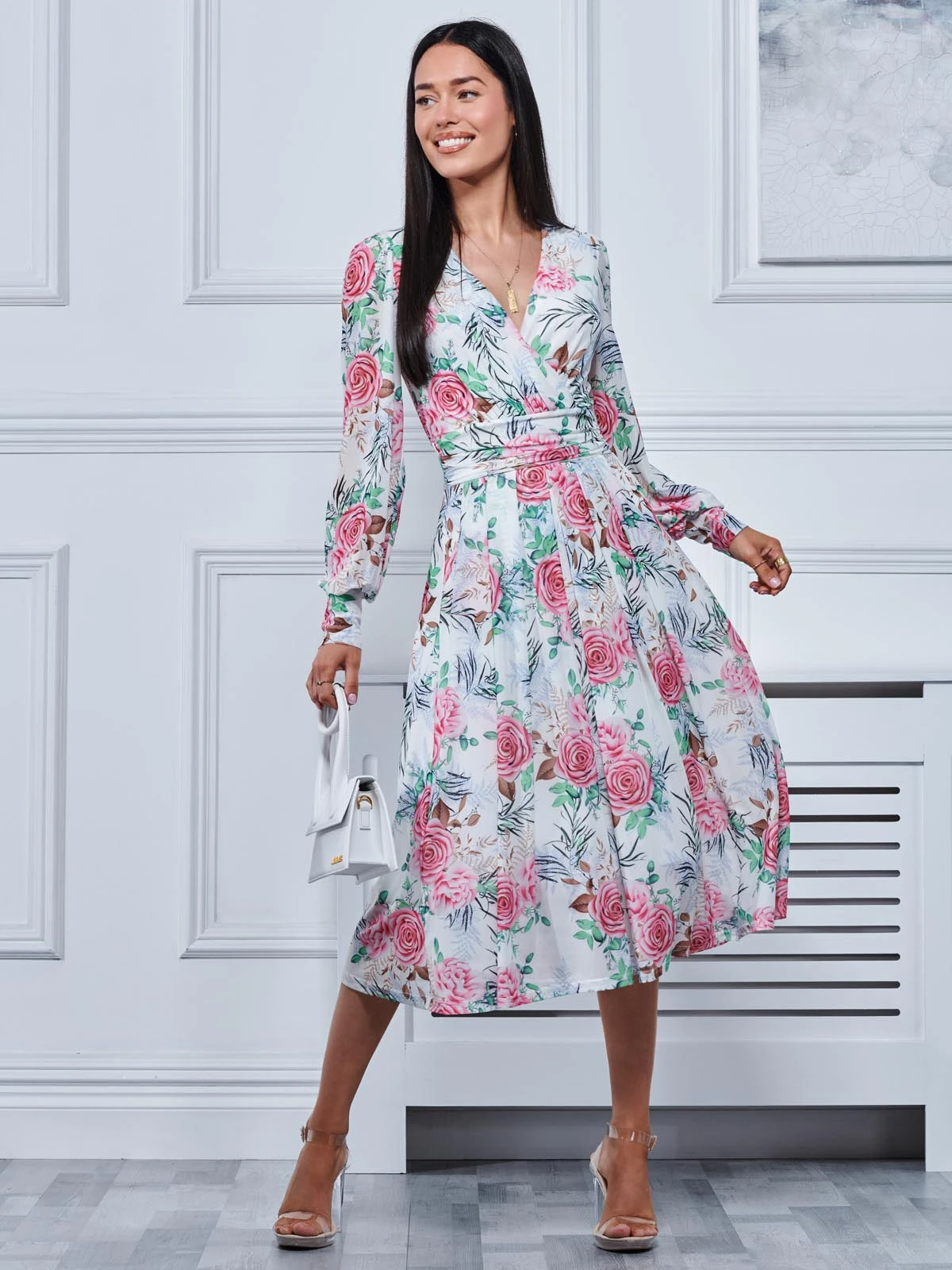 Floral Print Long Sleeve Mesh Midi Dress, White Floral 5 Floral Print Long Sleeve Mesh Midi Dress, White Floral - Image 5