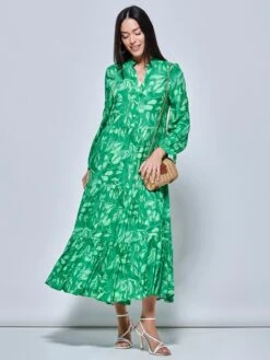 Long Sleeve Holiday Maxi Shirt Dress, Green Abstract -DORIA Clothing Shop LQ 0A001 GreenAbstract 1