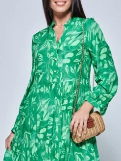 Long Sleeve Holiday Maxi Shirt Dress, Green Abstract -DORIA Clothing Shop LQ 0A001 GreenAbstract 3
