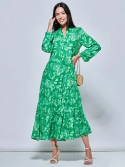 Long Sleeve Holiday Maxi Shirt Dress, Green Abstract -DORIA Clothing Shop LQ 0A001 GreenAbstract 5