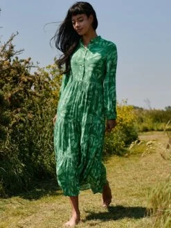 Long Sleeve Holiday Maxi Shirt Dress, Green Abstract -DORIA Clothing Shop LQ 0A001 GreenAbstract 6