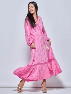 Long Sleeved Lace Trim Holiday Maxi Dress, Pink Multi -DORIA Clothing Shop LQ 0A005 PinkMulti 1
