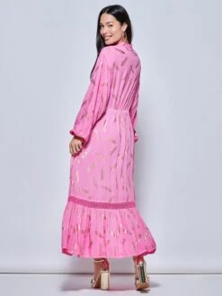 Long Sleeved Lace Trim Holiday Maxi Dress, Pink Multi -DORIA Clothing Shop LQ 0A005 PinkMulti 2