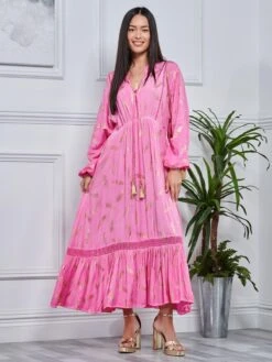 Long Sleeved Lace Trim Holiday Maxi Dress, Pink Multi -DORIA Clothing Shop LQ 0A005 PinkMulti 5