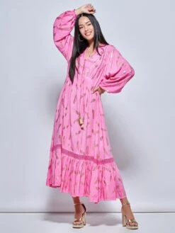 Long Sleeved Lace Trim Holiday Maxi Dress, Pink Multi -DORIA Clothing Shop LQ 0A005 PinkMulti 6