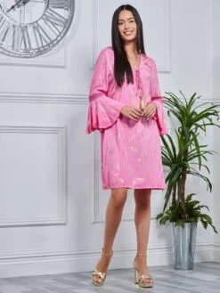 Loose Fit Crochet Trim Holiday Midi Dress, Pink Abstract -DORIA Clothing Shop LQ 0A006 PinkAbstract 4