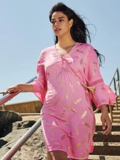 Loose Fit Crochet Trim Holiday Midi Dress, Pink Abstract -DORIA Clothing Shop LQ 0A006 PinkAbstract 7