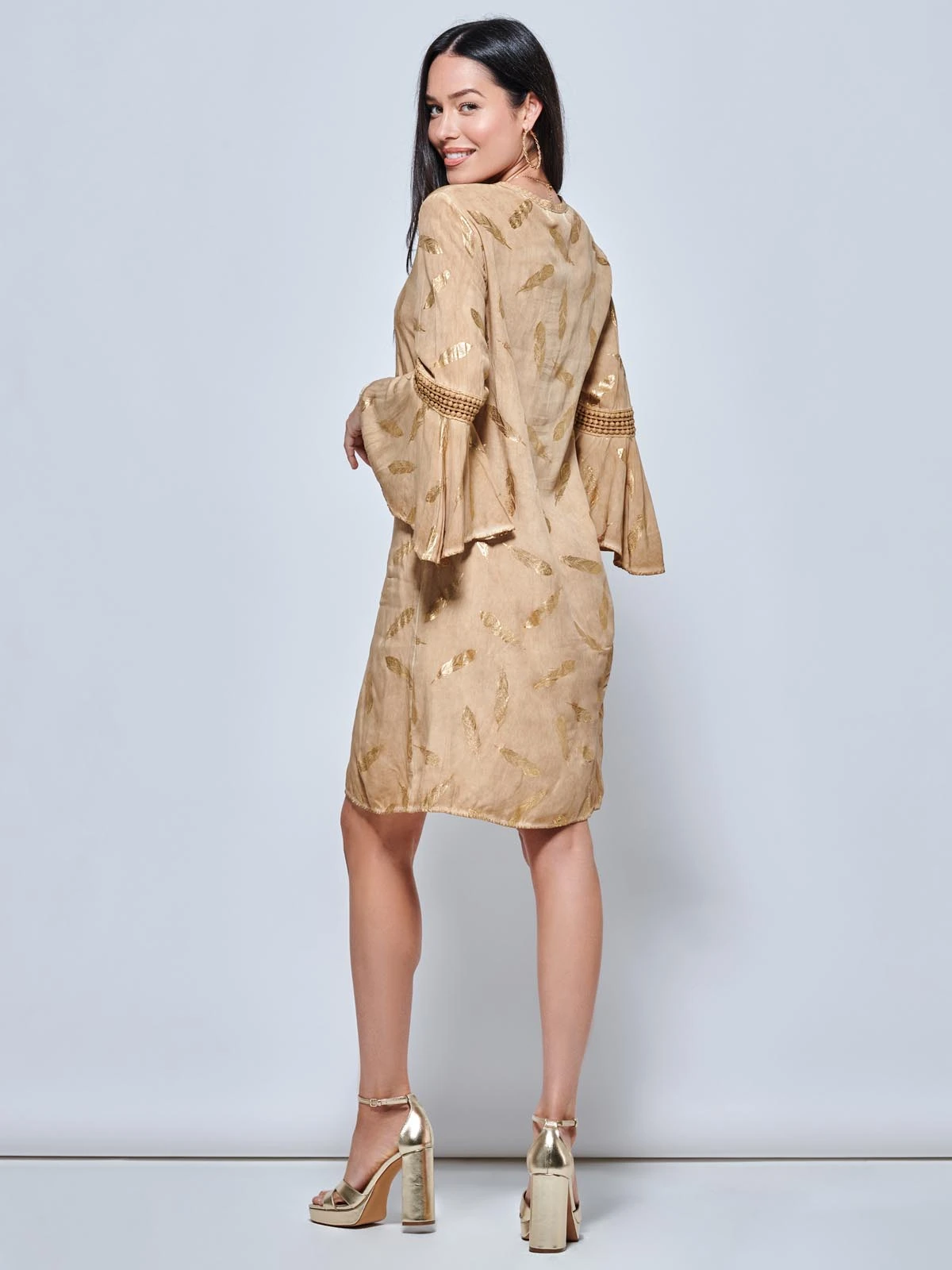 Loose Fit Crochet Trim Holiday Midi Dress, Khaki Pattern 2 Loose Fit Crochet Trim Holiday Midi Dress, Khaki Pattern - Image 2