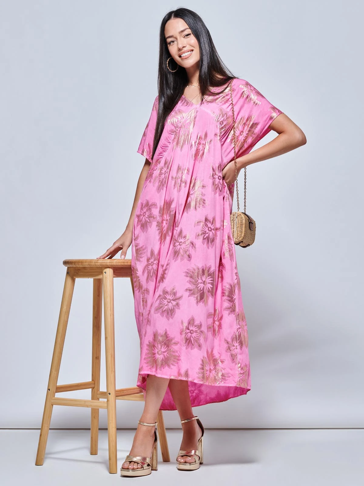 Short Sleeve Tunic Holiday Maxi Dress, Pink Abstract 1 Short Sleeve Tunic Holiday Maxi Dress, Pink Abstract