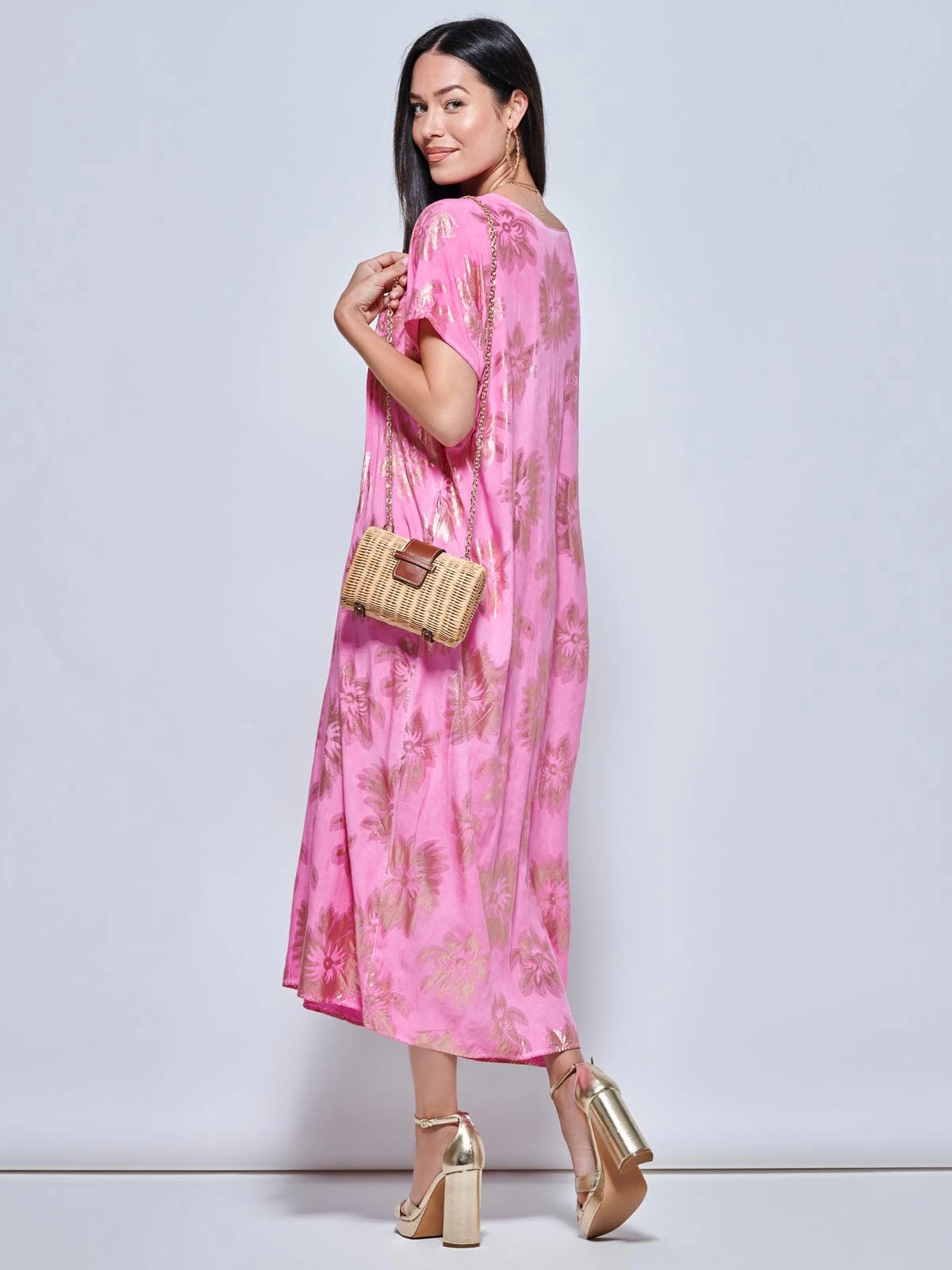Short Sleeve Tunic Holiday Maxi Dress, Pink Abstract 2 Short Sleeve Tunic Holiday Maxi Dress, Pink Abstract - Image 2
