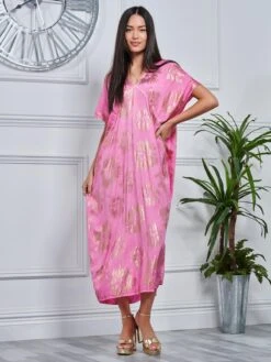 Short Sleeve Tunic Holiday Maxi Dress, Pink Abstract 9 Short Sleeve Tunic Holiday Maxi Dress, Pink Abstract -DORIA Clothing Shop LQ 0A009 PinkAbstract 4