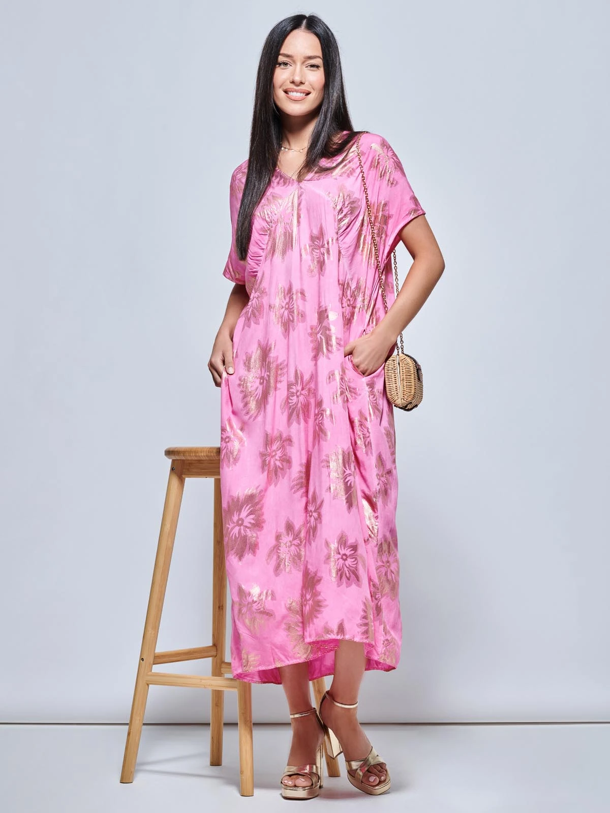 Short Sleeve Tunic Holiday Maxi Dress, Pink Abstract 5 Short Sleeve Tunic Holiday Maxi Dress, Pink Abstract - Image 5