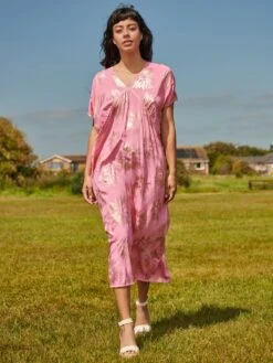 Short Sleeve Tunic Holiday Maxi Dress, Pink Abstract 11 Short Sleeve Tunic Holiday Maxi Dress, Pink Abstract -DORIA Clothing Shop LQ 0A009 PinkAbstract 6