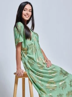 Short Sleeve Tunic Holiday Maxi Dress, Green Abstract 10 Short Sleeve Tunic Holiday Maxi Dress, Green Abstract -DORIA Clothing Shop LQ 0A010 GreenAbstract 1