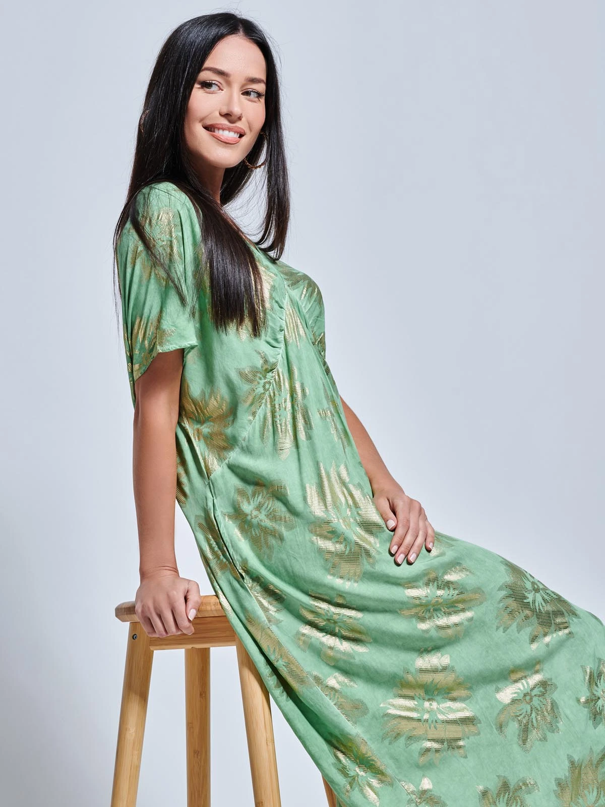 Short Sleeve Tunic Holiday Maxi Dress, Green Abstract 5 Short Sleeve Tunic Holiday Maxi Dress, Green Abstract - Image 5