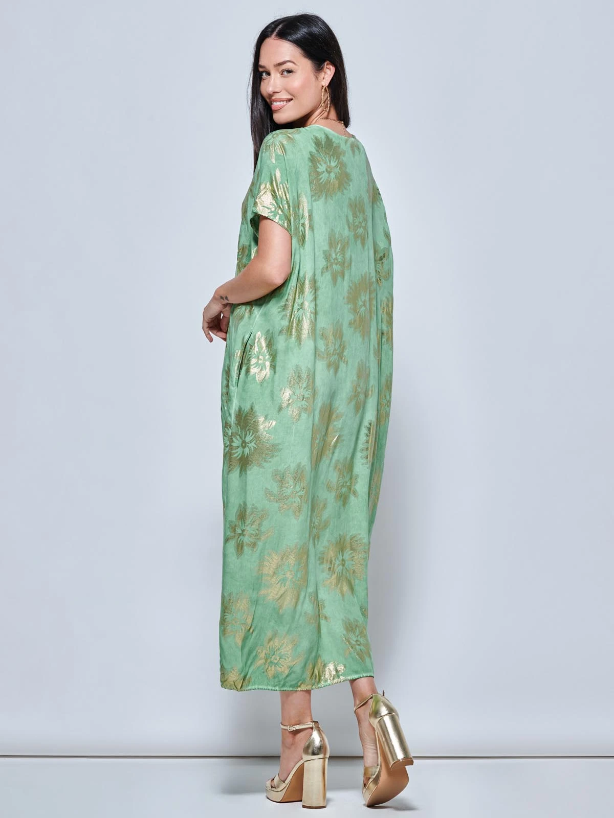 Short Sleeve Tunic Holiday Maxi Dress, Green Abstract 2 Short Sleeve Tunic Holiday Maxi Dress, Green Abstract - Image 2
