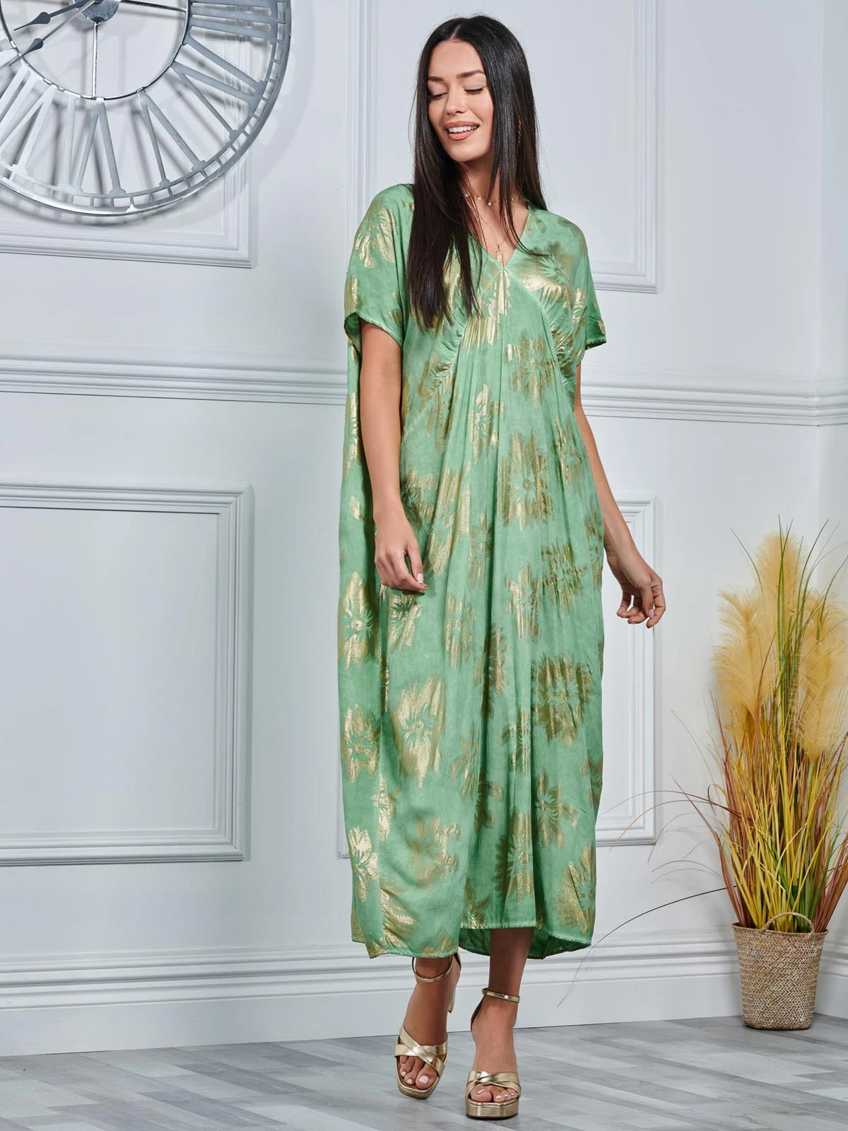 Short Sleeve Tunic Holiday Maxi Dress, Green Abstract 6 Short Sleeve Tunic Holiday Maxi Dress, Green Abstract - Image 6