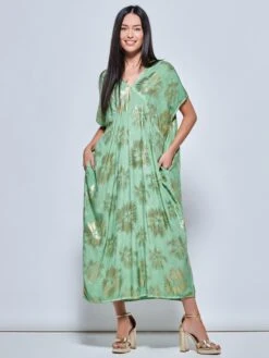Short Sleeve Tunic Holiday Maxi Dress, Green Abstract