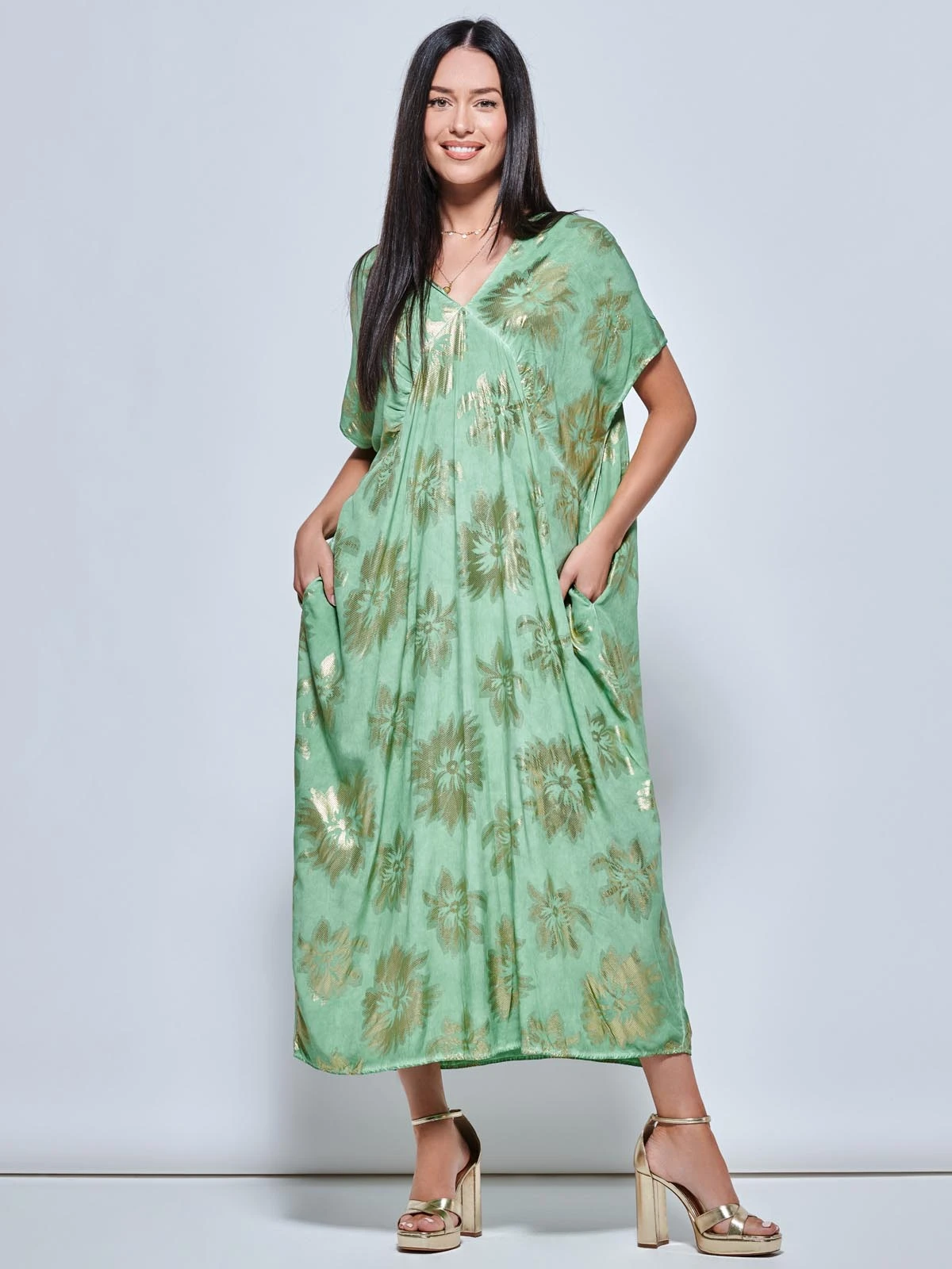 Short Sleeve Tunic Holiday Maxi Dress, Green Abstract 1 Short Sleeve Tunic Holiday Maxi Dress, Green Abstract