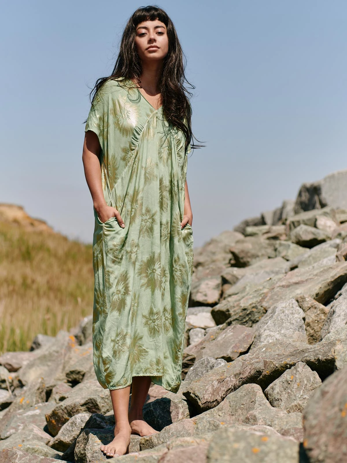 Short Sleeve Tunic Holiday Maxi Dress, Green Abstract 4 Short Sleeve Tunic Holiday Maxi Dress, Green Abstract - Image 4